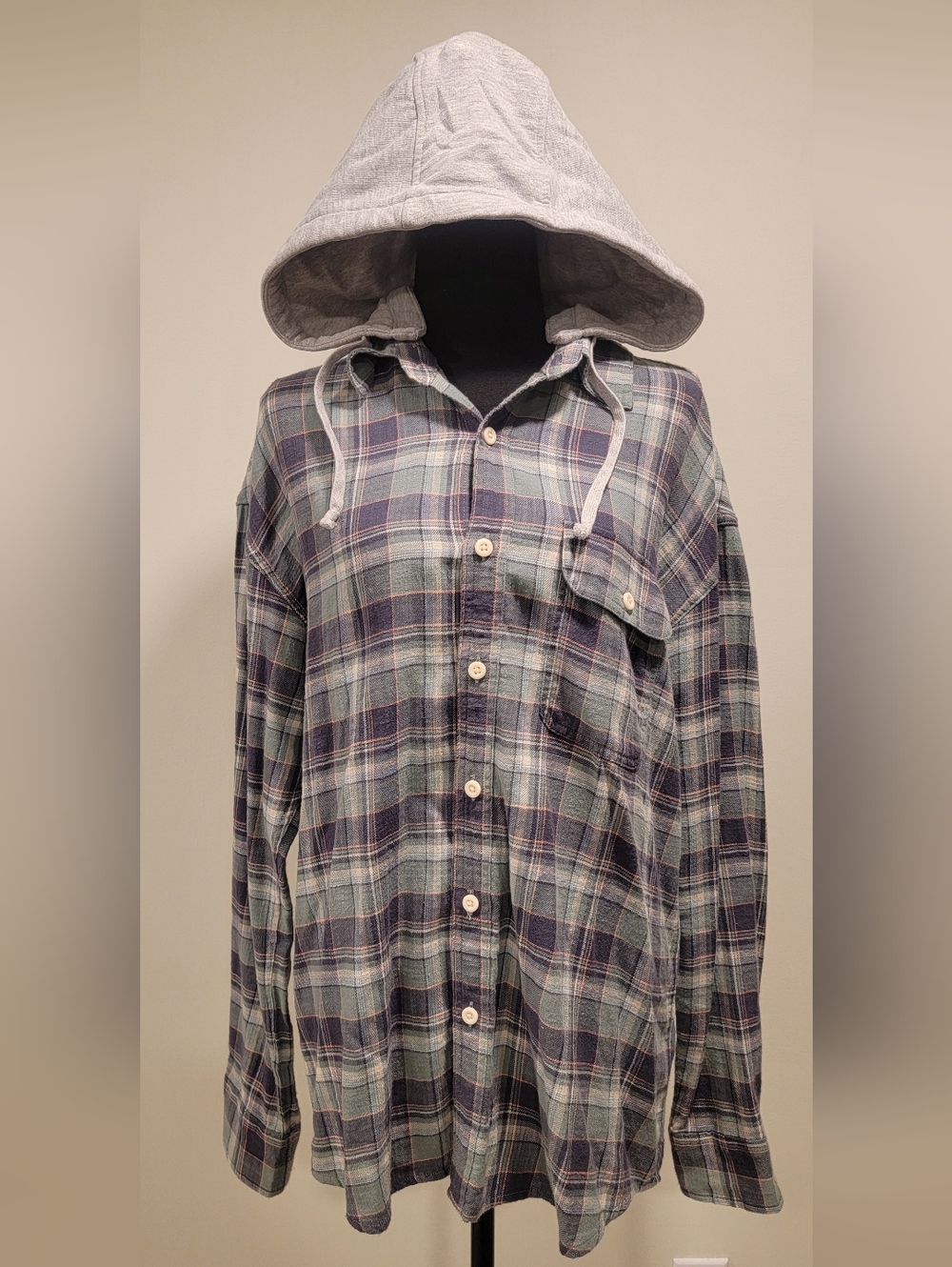 American Eagle Outfitters Hooded Plaid Button-Down Shirt - Blue & Green
